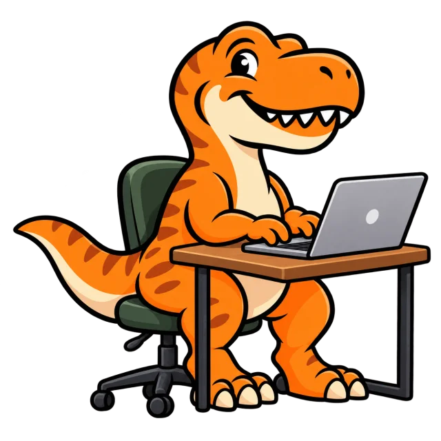 Rex the dinosaur working at a laptop