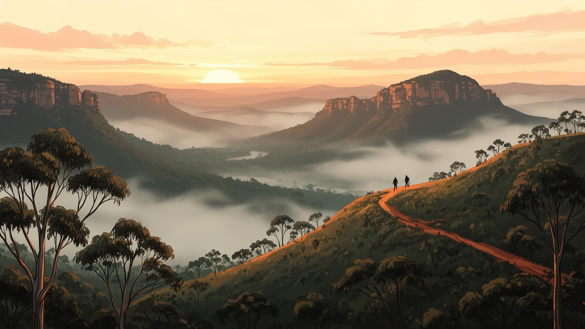Mist drifting through mountain ranges at sunrise with hikers on a ridge trail
