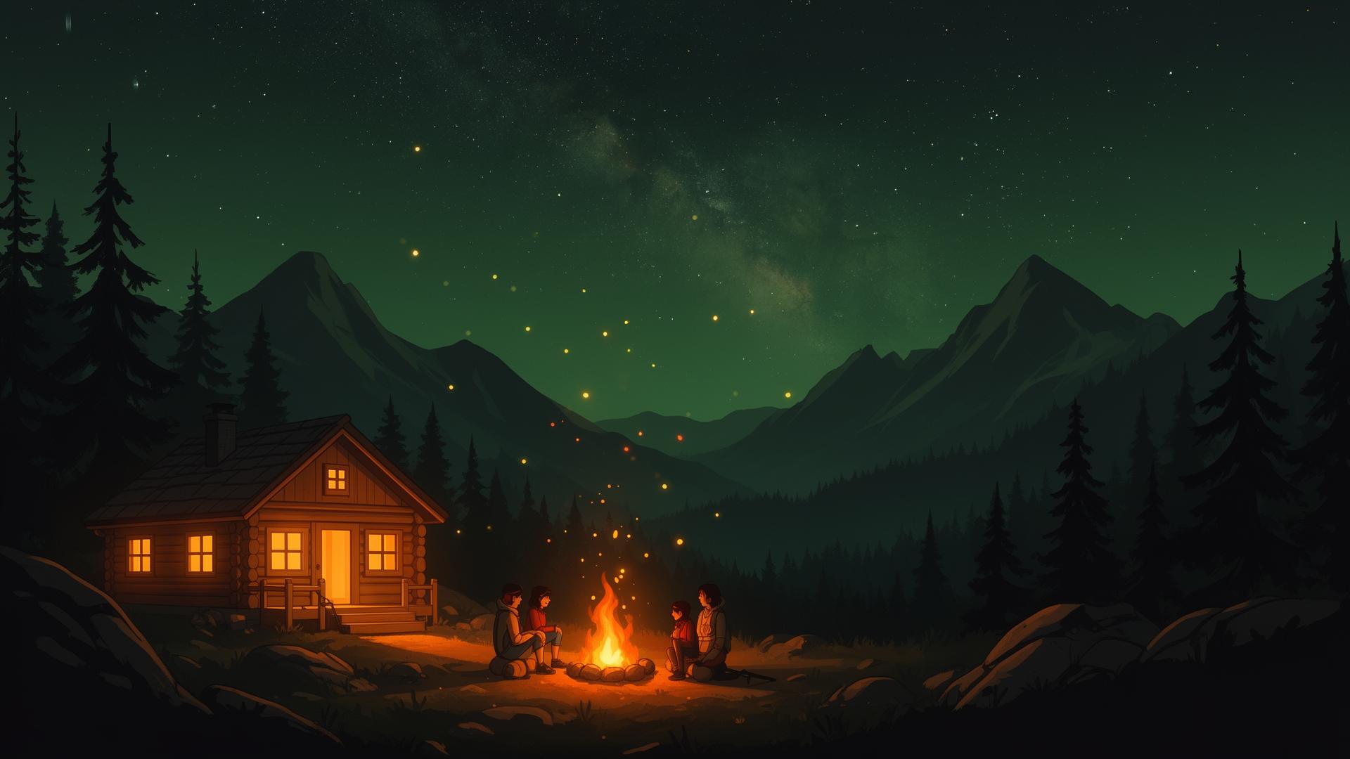 A lit mountain hut and campfire with friends under a starry sky