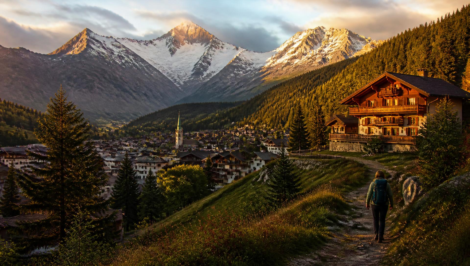 A hiker walking a trail above an alpine mountain town at golden hour